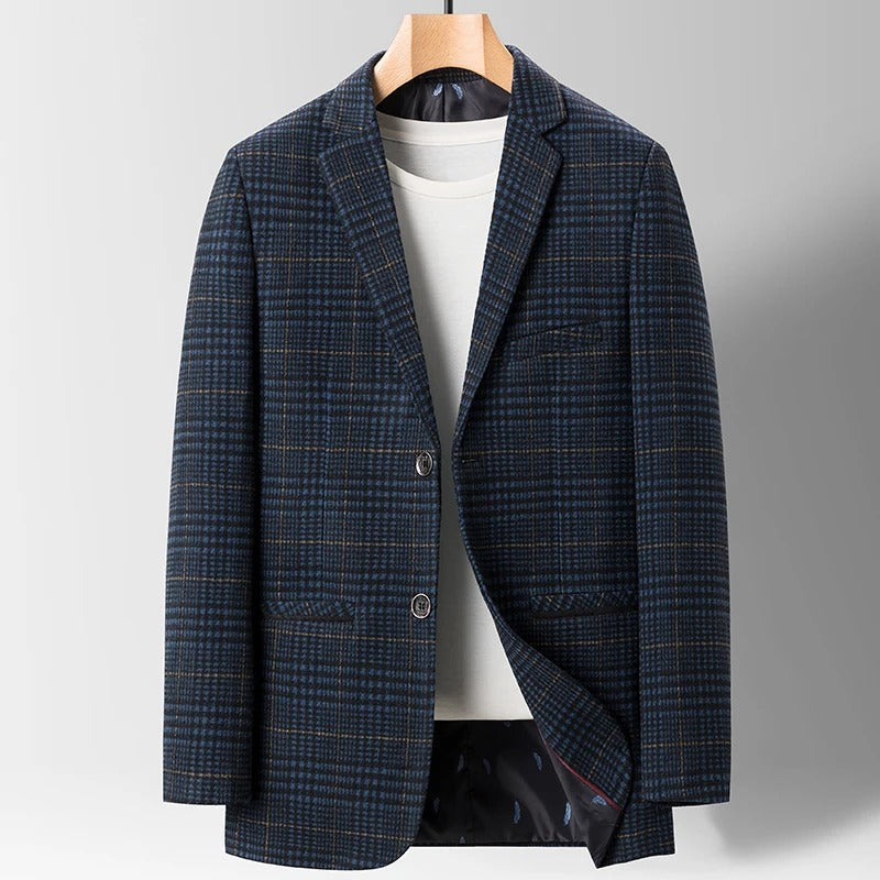 Men's tailored wool blazer with smooth cotton lining, showing elegant fit and dual pockets for stylish comfort.