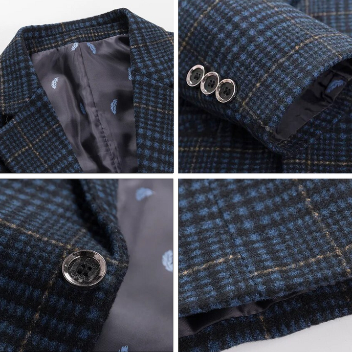Men's tailored wool blazer with smooth cotton lining, showing elegant fit and dual pockets for stylish comfort.