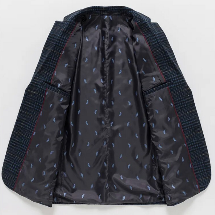 Men's tailored wool blazer with smooth cotton lining, showing elegant fit and dual pockets for stylish comfort.