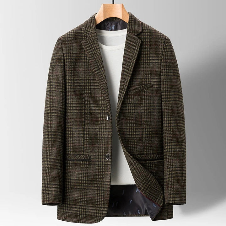 Men's tailored wool blazer with smooth cotton lining, showing elegant fit and dual pockets for stylish comfort.