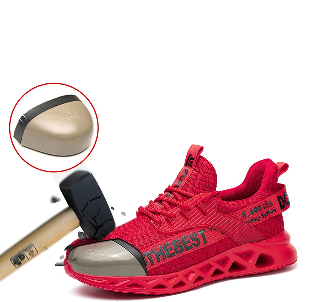 "Men's ultra-light breathable steel toe shoes, black and red, front view. Offers safety and comfort for work environments."
