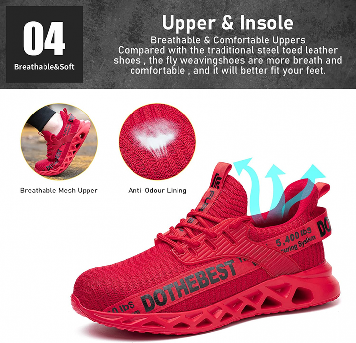 "Men's ultra-light breathable steel toe shoes, black and red, front view. Offers safety and comfort for work environments."