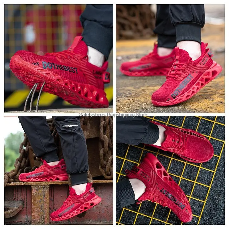 "Men's ultra-light breathable steel toe shoes, black and red, front view. Offers safety and comfort for work environments."