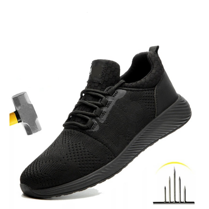 "Men's ultra-light breathable steel toe shoes, black and red, front view. Offers safety and comfort for work environments."