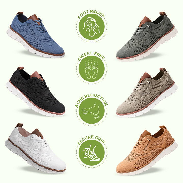 "Men's urban shoes with breathable soles and comfort fit, available in black, blue, brown, khaki, olive, and white."