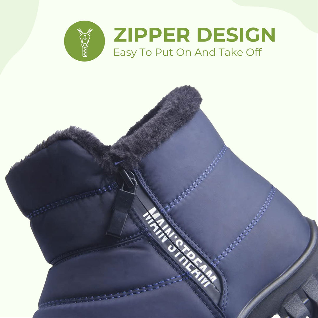 "Men's warm zipper shoes, cotton insole, black leather, water-resistant, ensures comfort and warmth in cold weather."