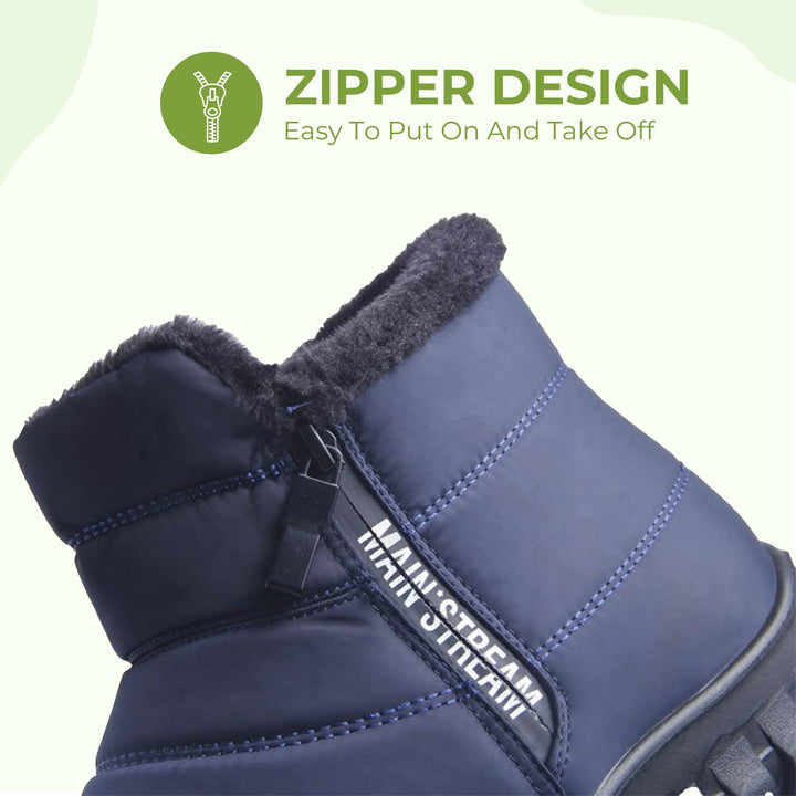 "Men's warm zipper shoes, cotton insole, black leather, water-resistant, ensures comfort and warmth in cold weather."