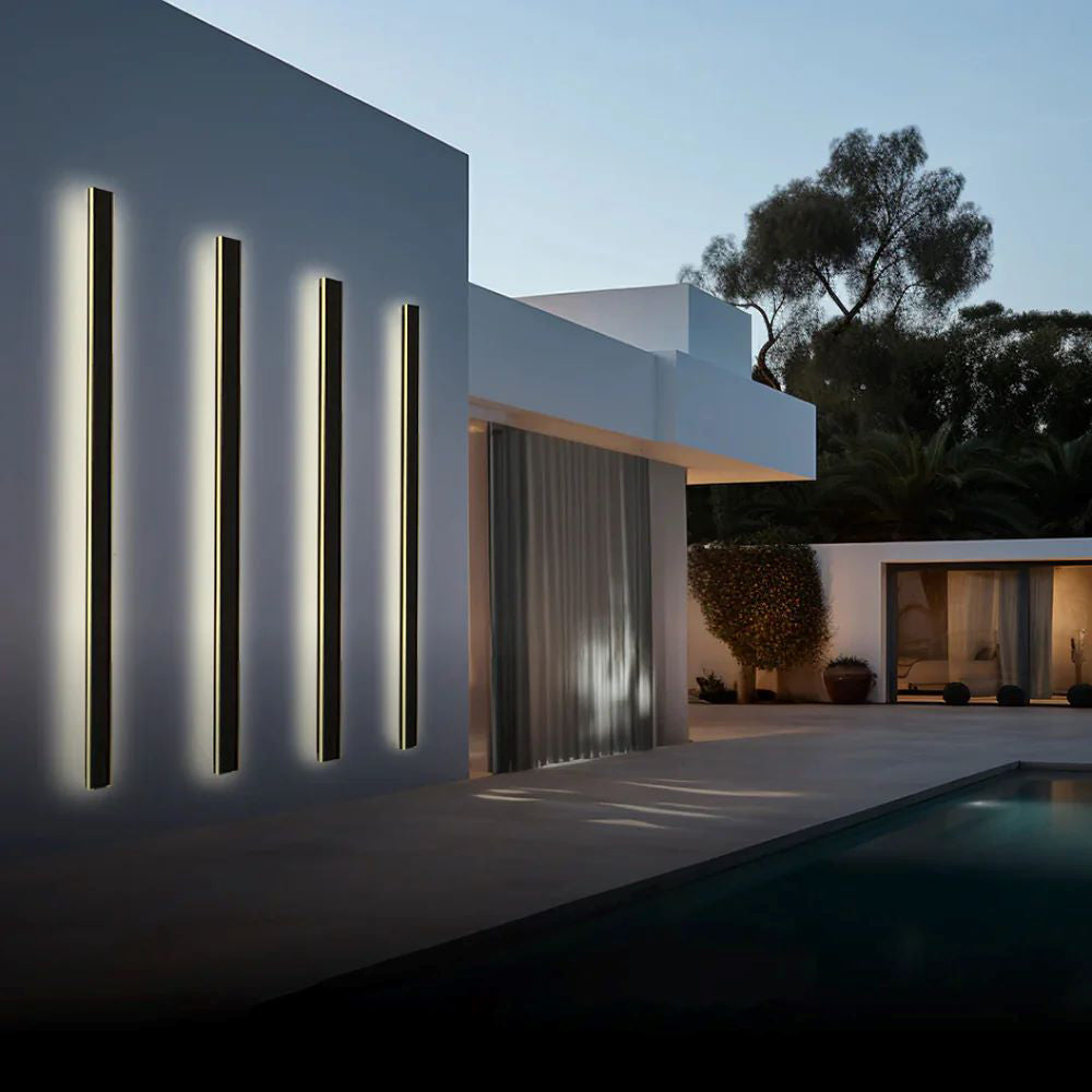 "Modern IP65 waterproof outdoor wall lamp, minimalist design, metal frame, LED lighting, ideal for weather resistance."