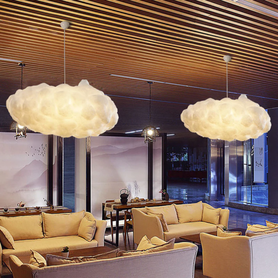 "Modern LED pendant light with cloud-like design, made of PVC and cotton, ideal for interiors. Nimbus style for cozy ambiance