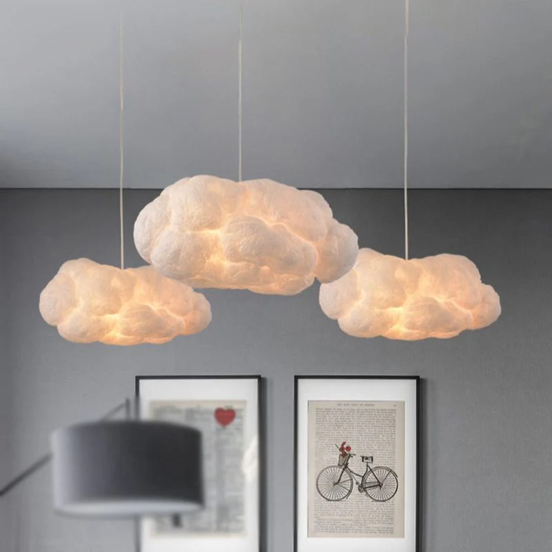 "Modern LED pendant light with cloud-like design, made of PVC and cotton, ideal for interiors. Nimbus style for cozy ambiance