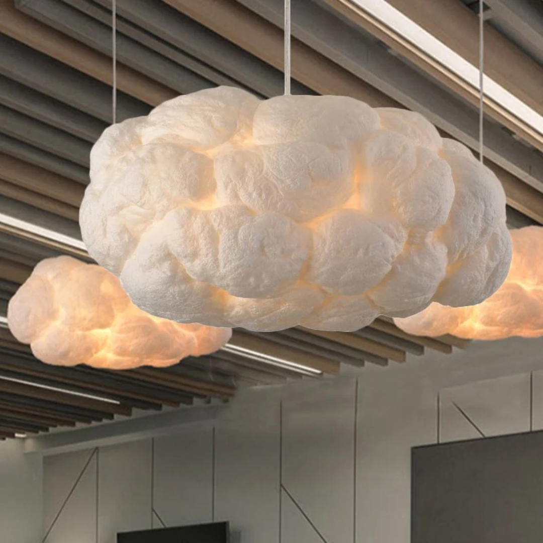 "Modern LED pendant light with cloud-like design, made of PVC and cotton, ideal for interiors. Nimbus style for cozy ambiance