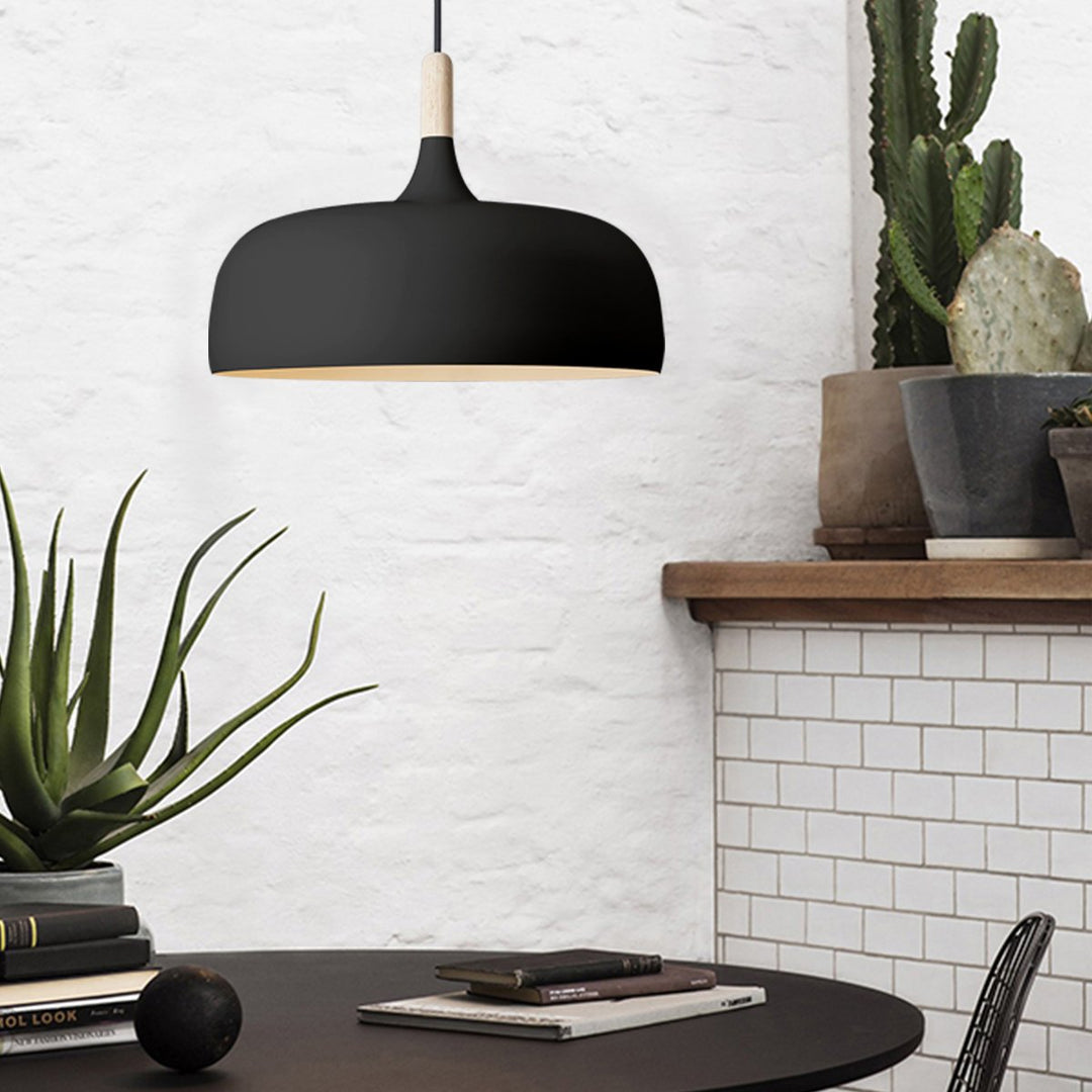 "Modern Nordic metal pendant light with timber top, matt black and white finish, E27, ideal for contemporary interiors."