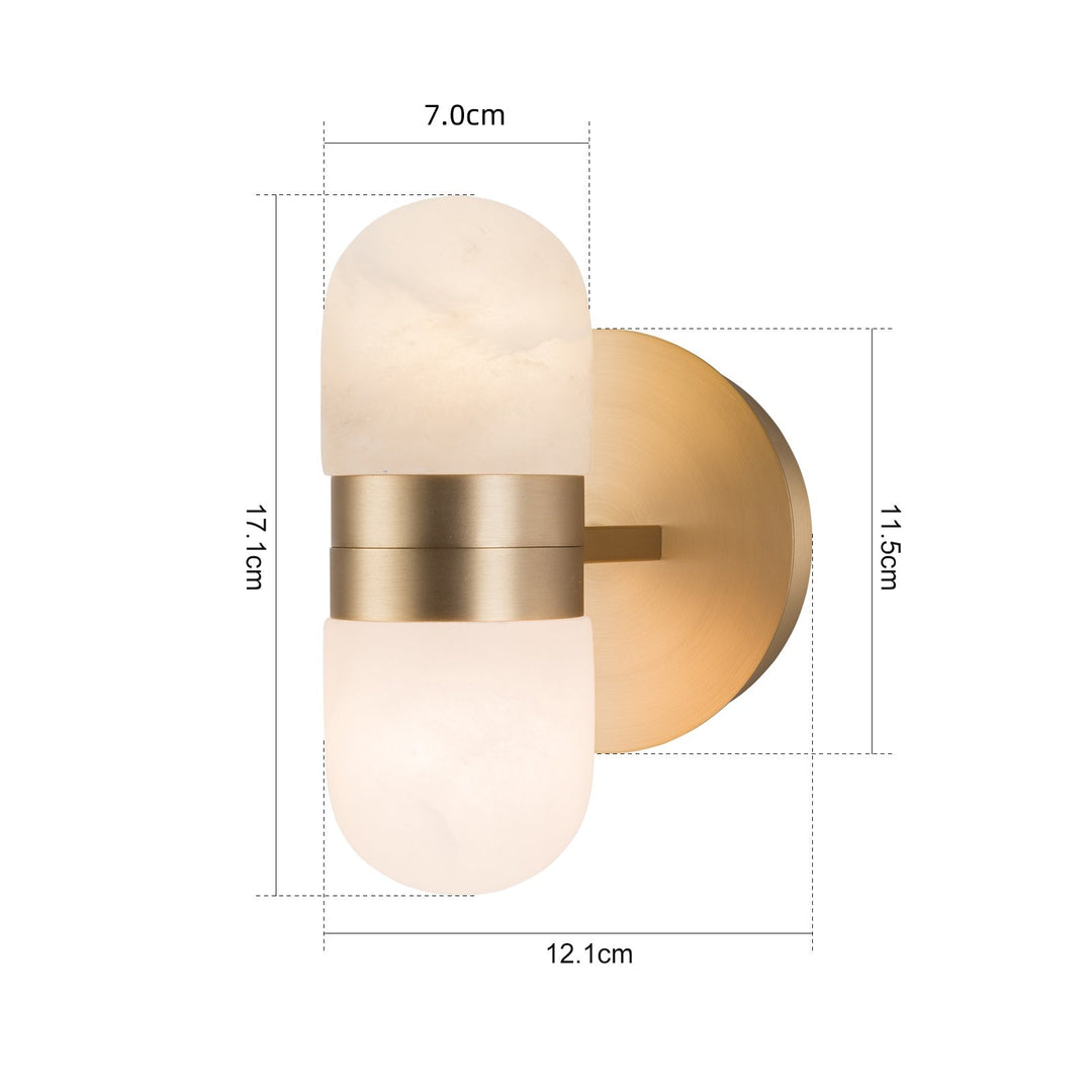 Modern brass wall lamp featuring snow-white alabaster shades with brown veining; elegant indoor lighting fixture.