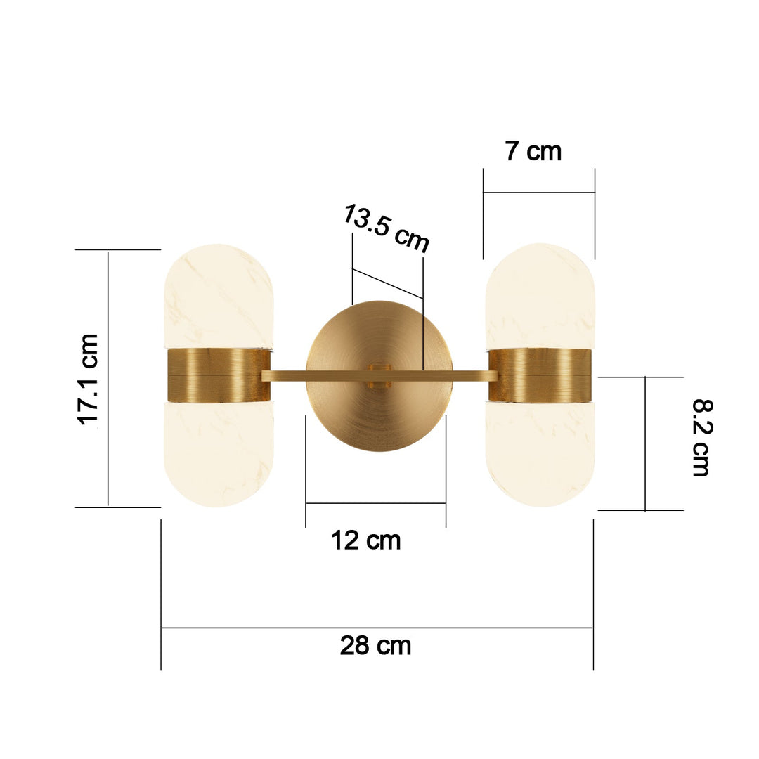 Modern brass wall lamp featuring snow-white alabaster shades with brown veining; elegant indoor lighting fixture.