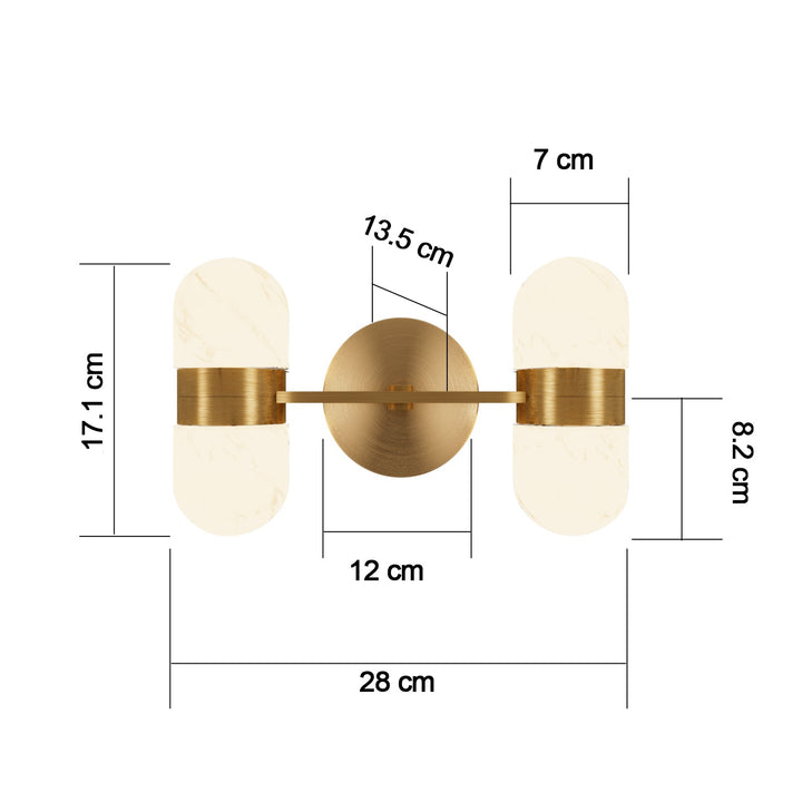 Modern brass wall lamp featuring snow-white alabaster shades with brown veining; elegant indoor lighting fixture.