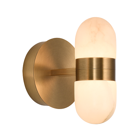 Modern brass wall lamp featuring snow-white alabaster shades with brown veining; elegant indoor lighting fixture.