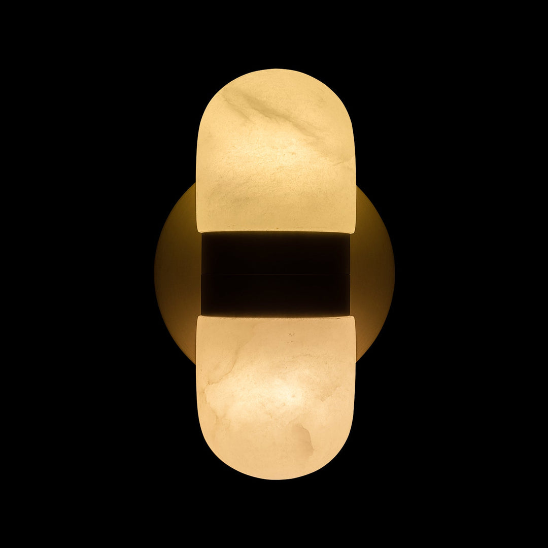 Modern brass wall lamp featuring snow-white alabaster shades with brown veining; elegant indoor lighting fixture.