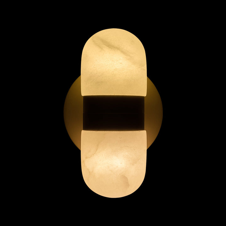 Modern brass wall lamp featuring snow-white alabaster shades with brown veining; elegant indoor lighting fixture.