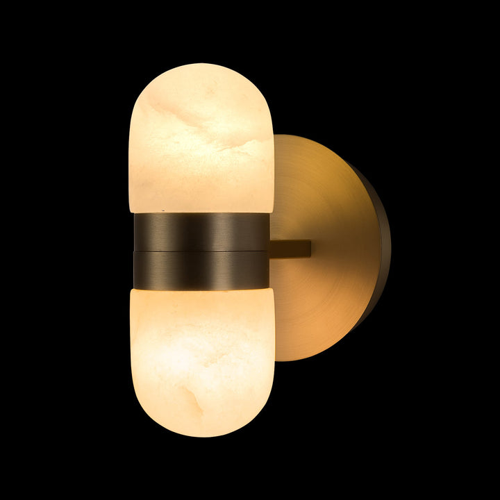 Modern brass wall lamp featuring snow-white alabaster shades with brown veining; elegant indoor lighting fixture.