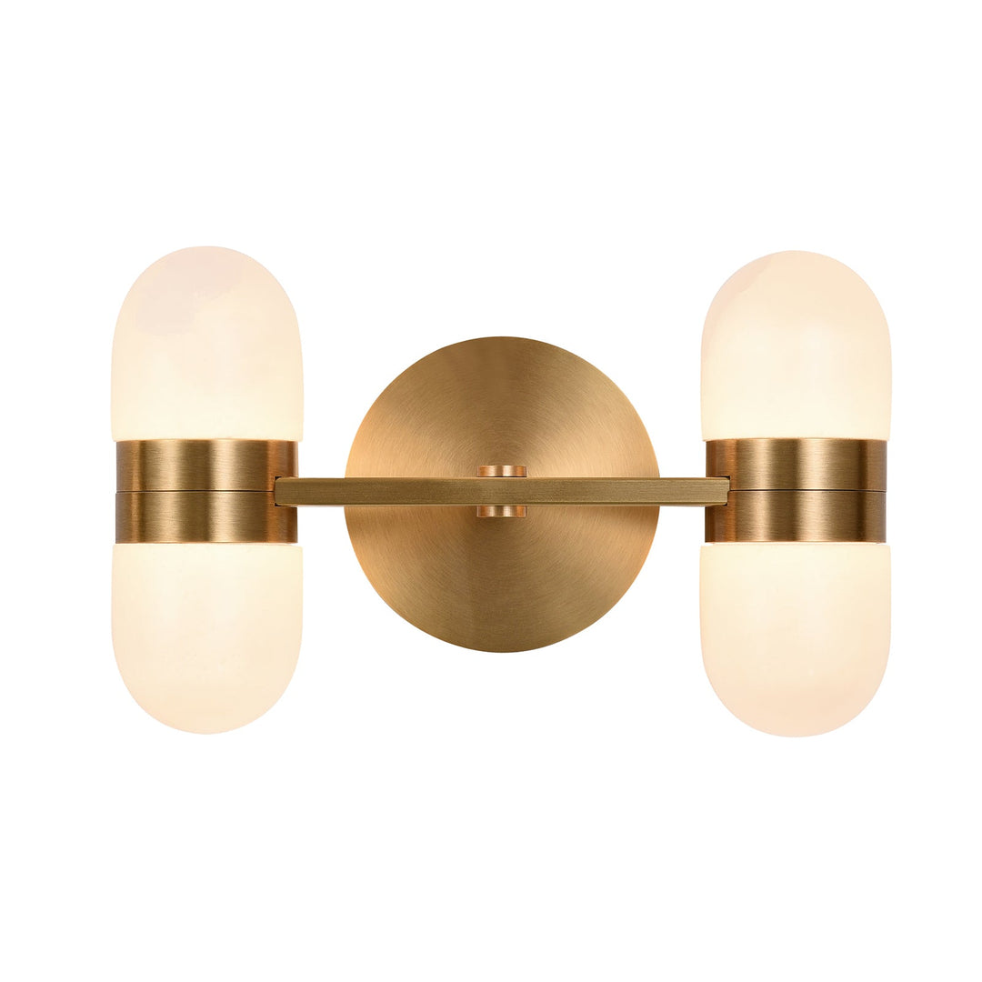 Modern brass wall lamp featuring snow-white alabaster shades with brown veining; elegant indoor lighting fixture.