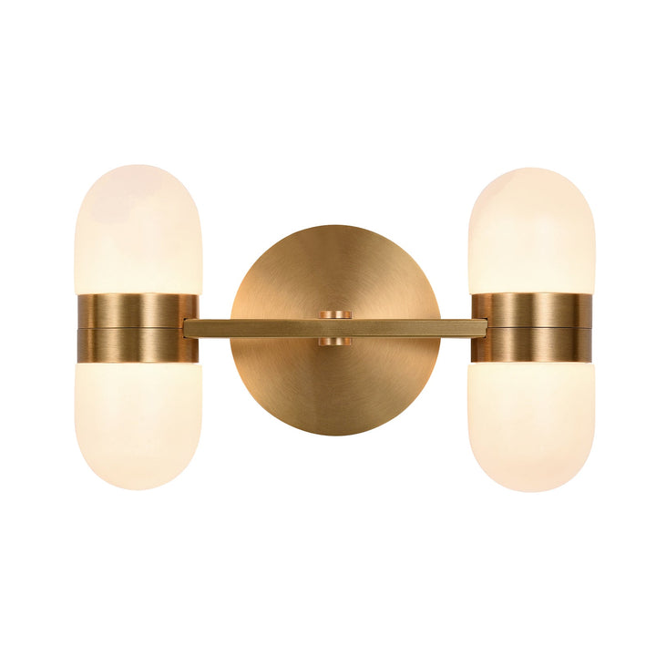 Modern brass wall lamp featuring snow-white alabaster shades with brown veining; elegant indoor lighting fixture.