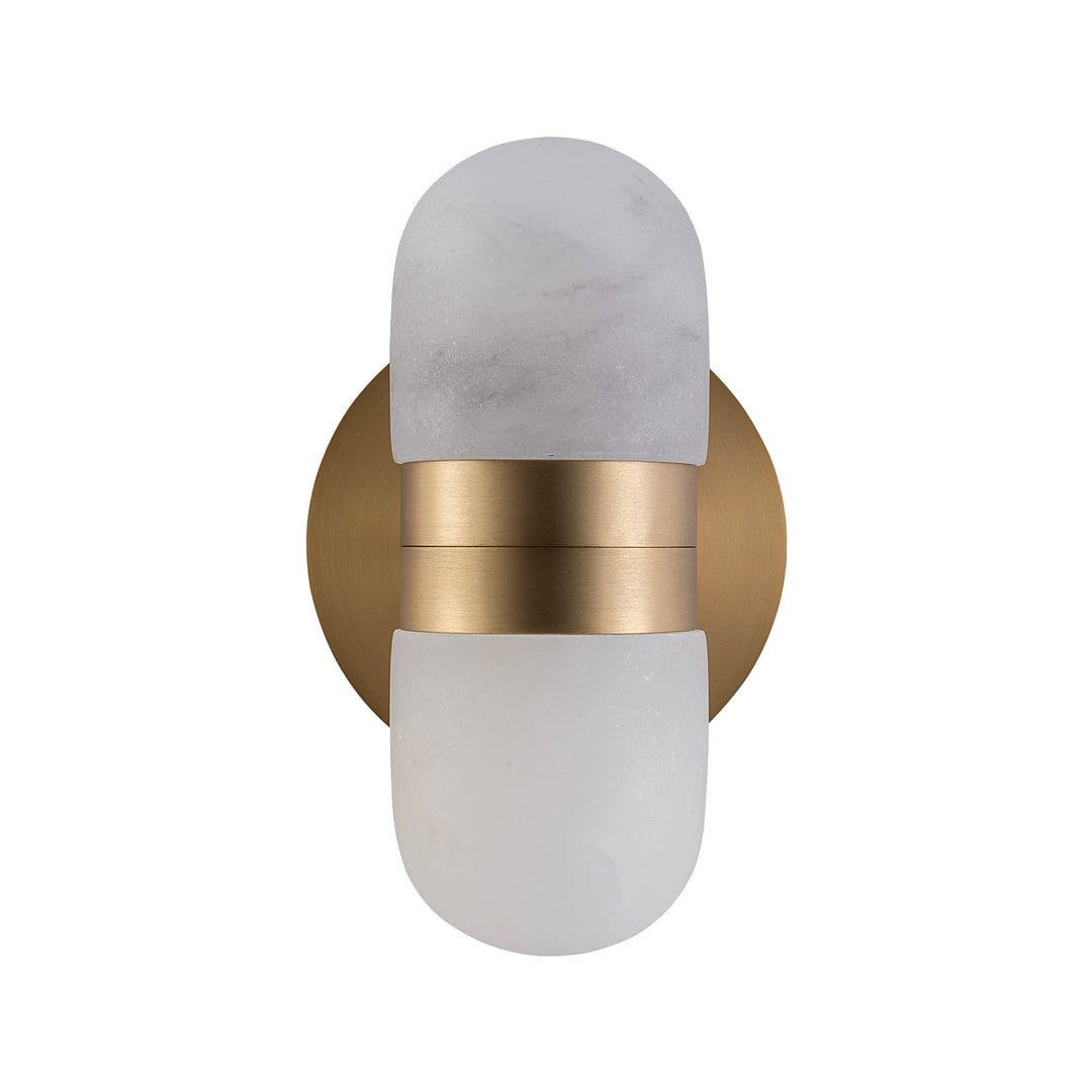 Modern brass wall lamp featuring snow-white alabaster shades with brown veining; elegant indoor lighting fixture.