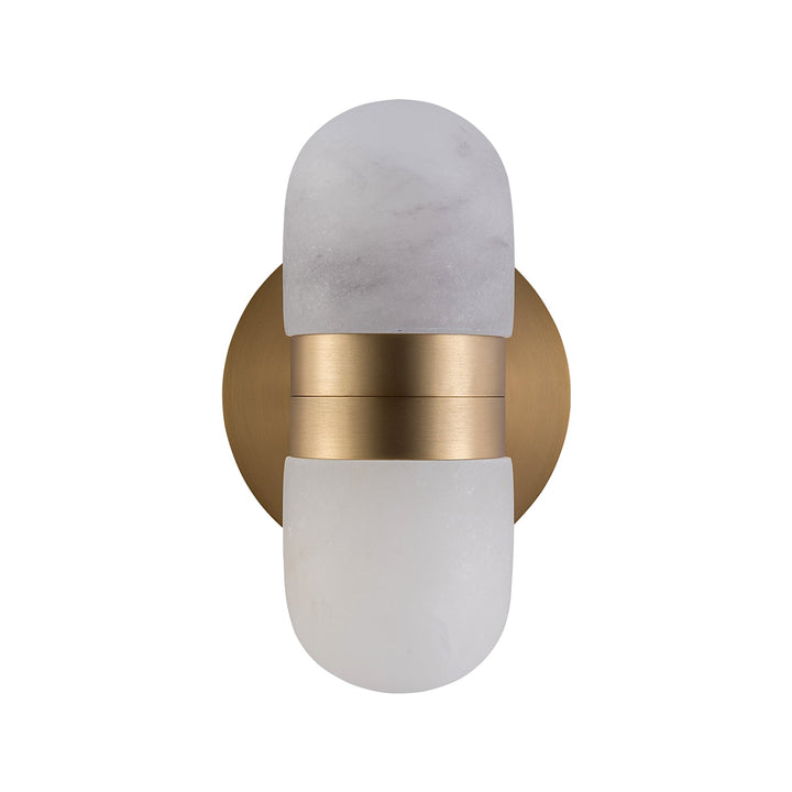 Modern brass wall lamp featuring snow-white alabaster shades with brown veining; elegant indoor lighting fixture.