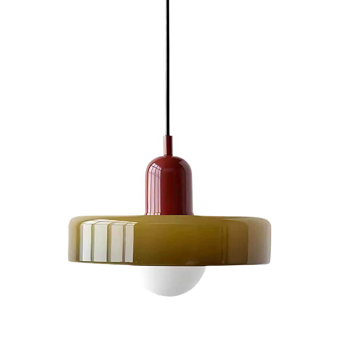 "Modern glass pendant light with sleek glass, brushed metal, ideal for elegant interiors, adds sophistication and warmth."