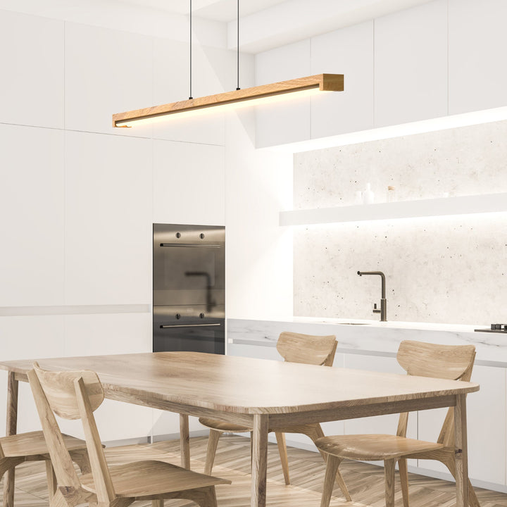 "Modern natural wood LED ceiling light with tubular LED strips, opal silicone diffuser, and adjustable black cord."