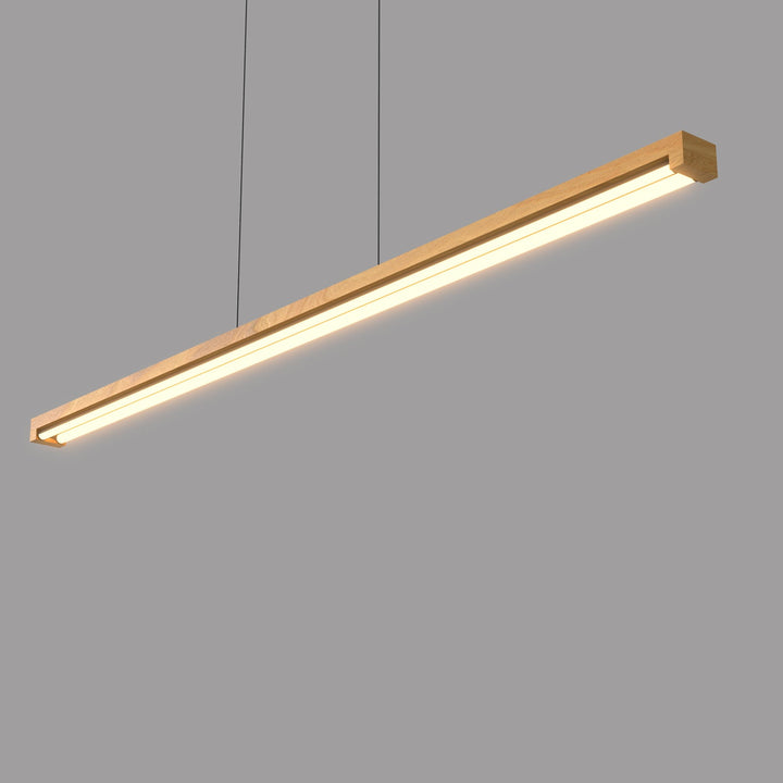 "Modern natural wood LED ceiling light with tubular LED strips, opal silicone diffuser, and adjustable black cord."