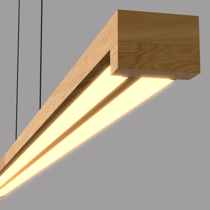 "Modern natural wood LED ceiling light with tubular LED strips, opal silicone diffuser, and adjustable black cord."