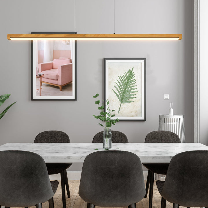 "Modern natural wood LED ceiling light with tubular LED strips, opal silicone diffuser, and adjustable black cord."