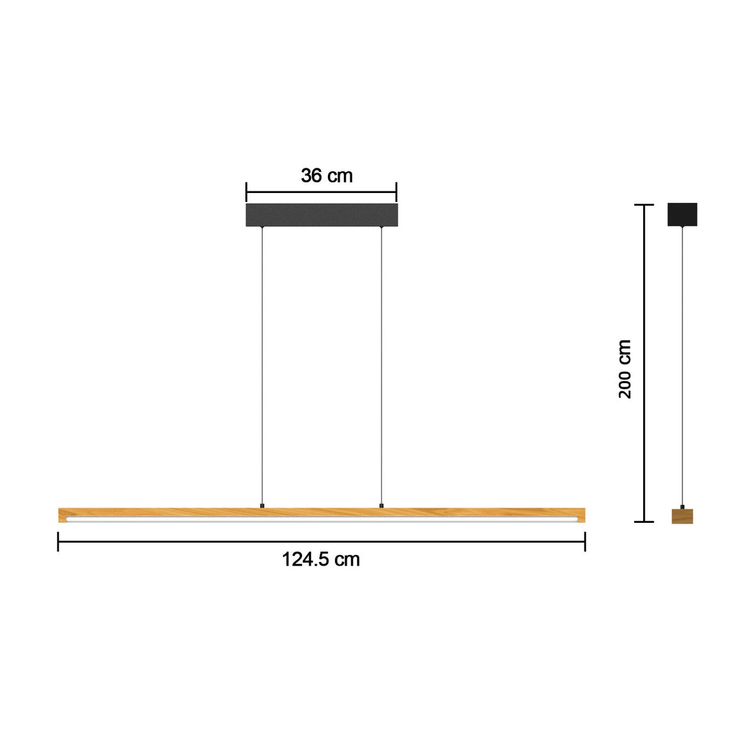 "Modern natural wood LED ceiling light with tubular LED strips, opal silicone diffuser, and adjustable black cord."