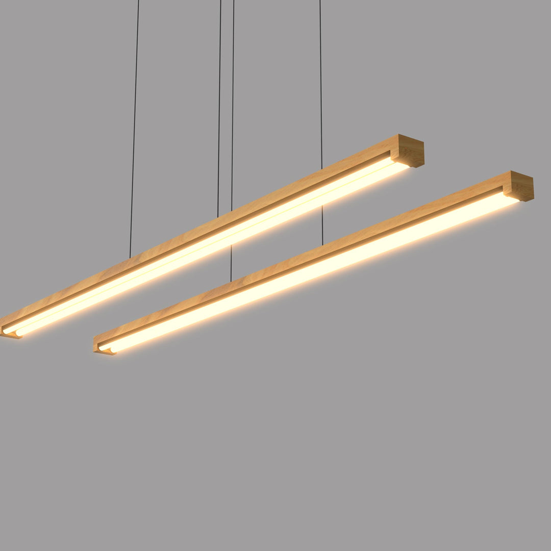 "Modern natural wood LED ceiling light with tubular LED strips, opal silicone diffuser, and adjustable black cord."
