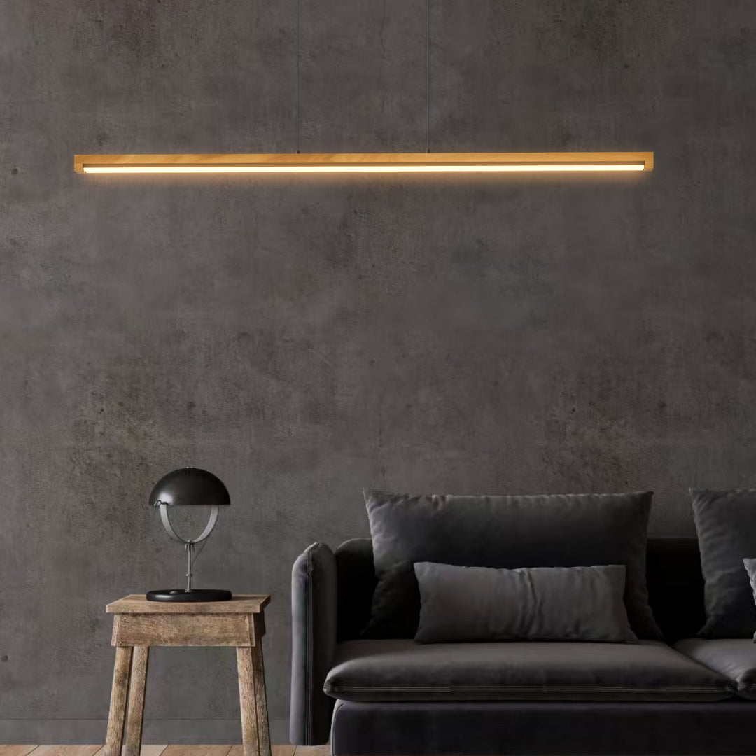 "Modern natural wood LED ceiling light with tubular LED strips, opal silicone diffuser, and adjustable black cord."