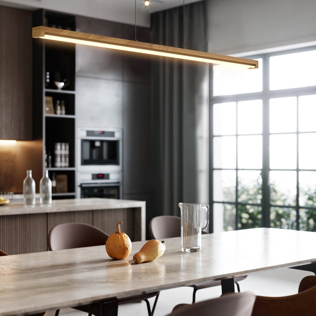 "Modern natural wood LED ceiling light with tubular LED strips, opal silicone diffuser, and adjustable black cord."