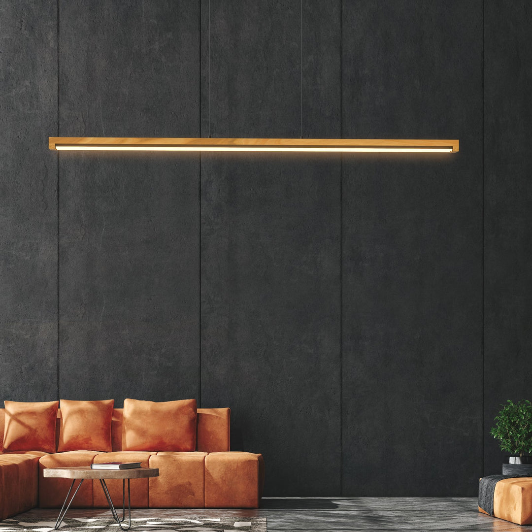 "Modern natural wood LED ceiling light with tubular LED strips, opal silicone diffuser, and adjustable black cord."