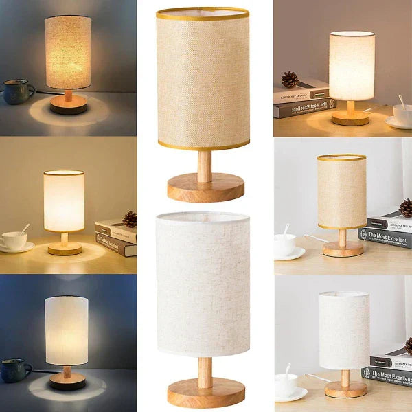 "Modern wooden bedside table lamp with remote, dimmable LED, natural wood look, elegant design for bedroom or living room."