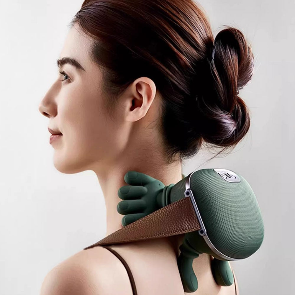 Moss Green neck and shoulder massager, ergonomic design, deep-kneading action, soothing heat therapy, adjustable settings.