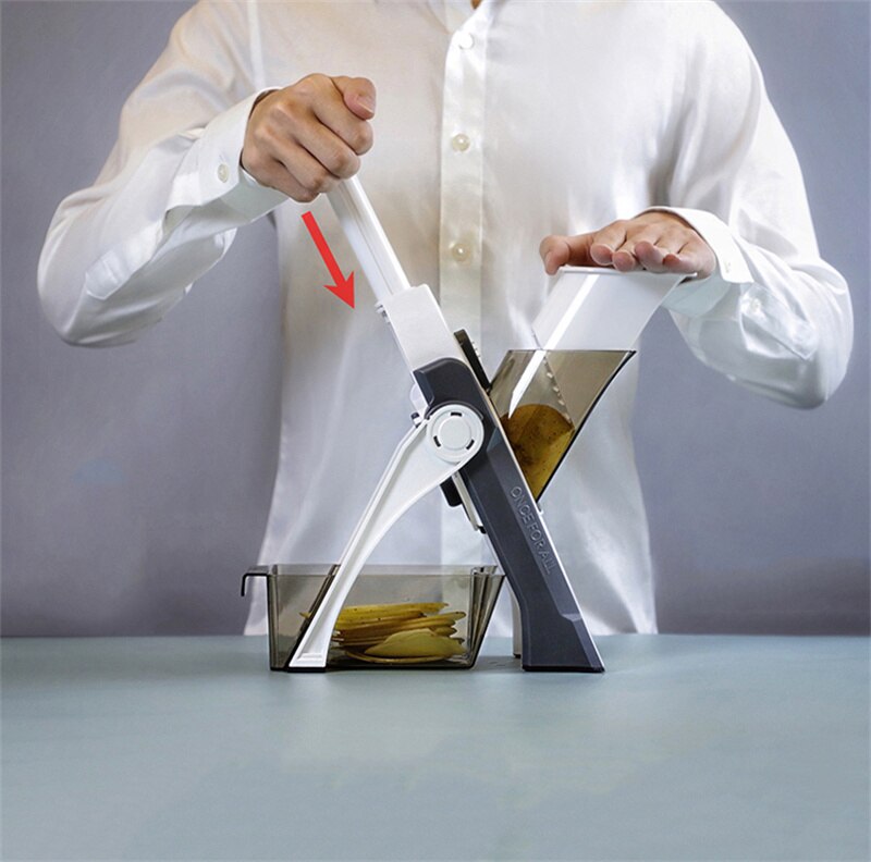 Multifunctional vegetable cutter in blue, green, white; ideal for chopping and slicing fruits, compact design for easy storag