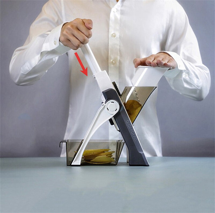 Multifunctional vegetable cutter in blue, green, white; ideal for chopping and slicing fruits, compact design for easy storag