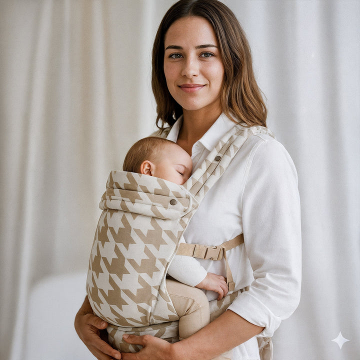 Multi-position baby carrier with plush straps in breathable fabric, for front or back carrying, fits babies 3.2-20 kg.