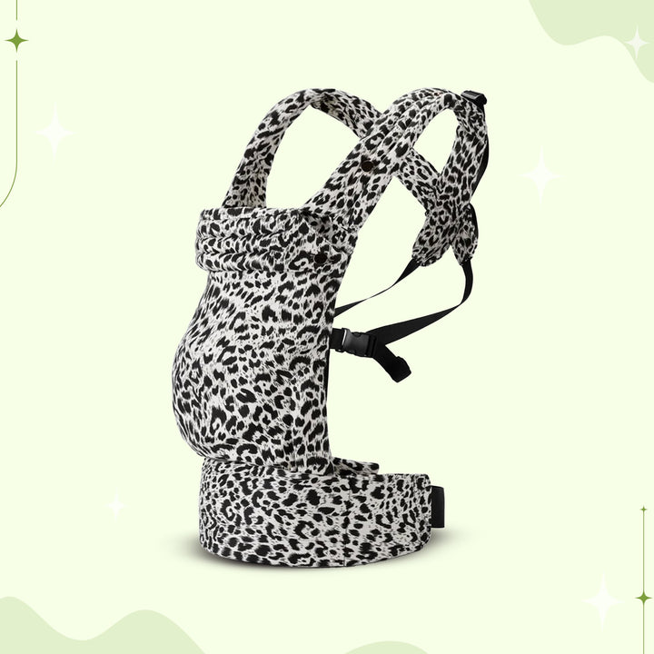 Multi-position baby carrier with plush straps in breathable fabric, for front or back carrying, fits babies 3.2-20 kg.