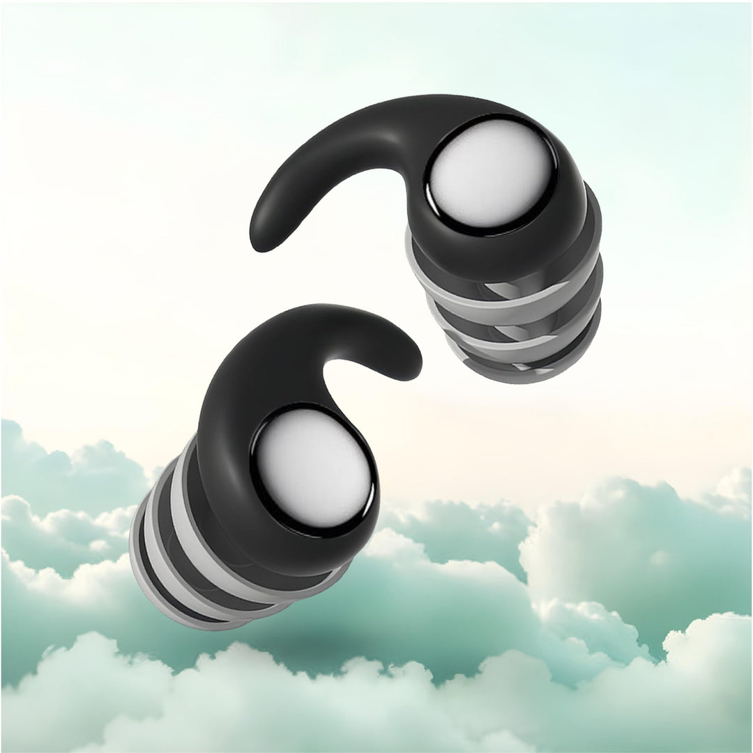 Noise Cancelling Sleep Plugs in Black, Sky Blue, and White. Blocks snoring and noise, designed for comfort and restful nights