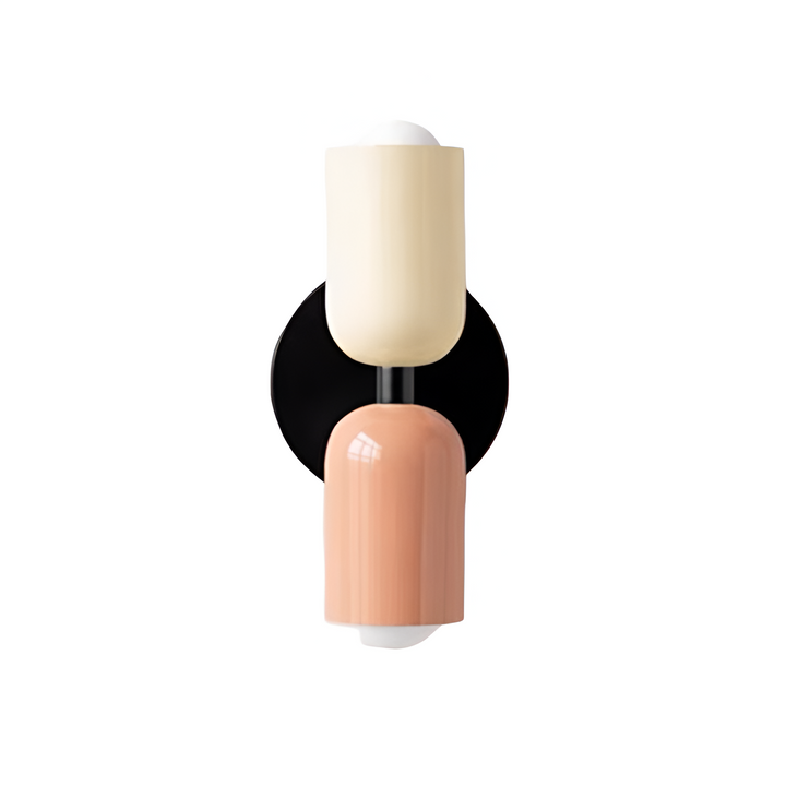 Nordic colourful double head wall light in vibrant colors, painted iron, sleek cylindrical design, casts light up and down.