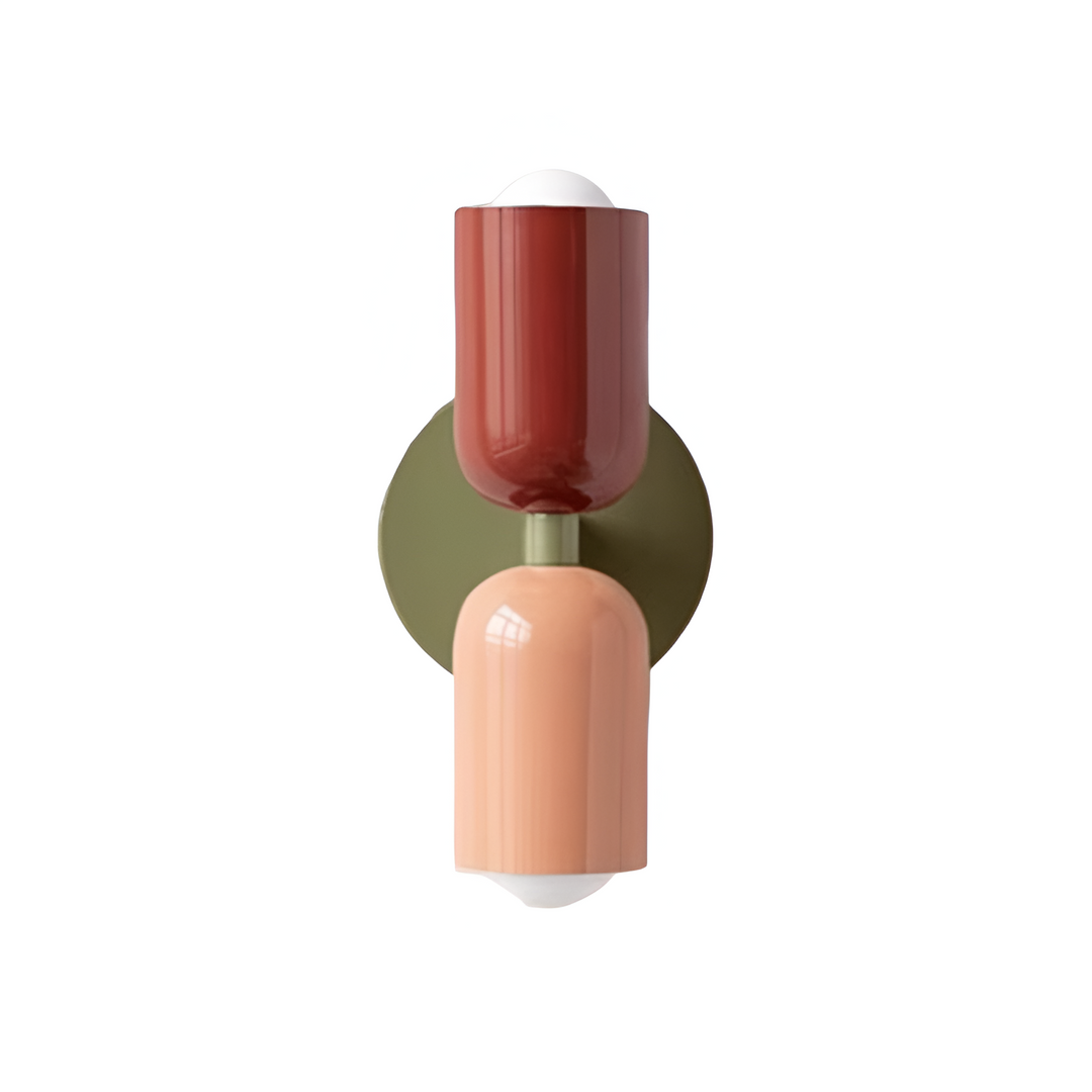 Nordic colourful double head wall light in vibrant colors, painted iron, sleek cylindrical design, casts light up and down.