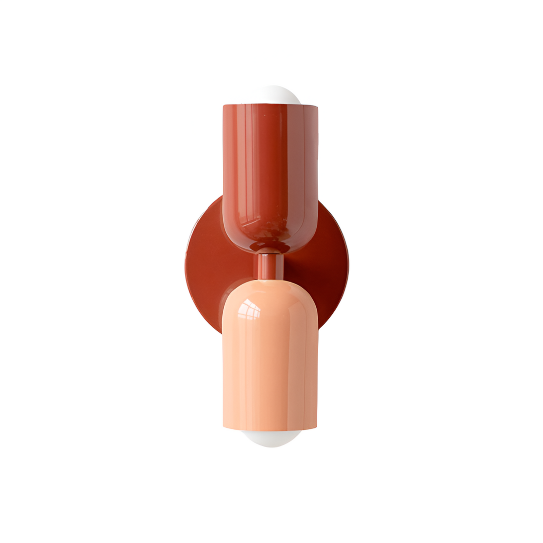 Nordic colourful double head wall light in vibrant colors, painted iron, sleek cylindrical design, casts light up and down.