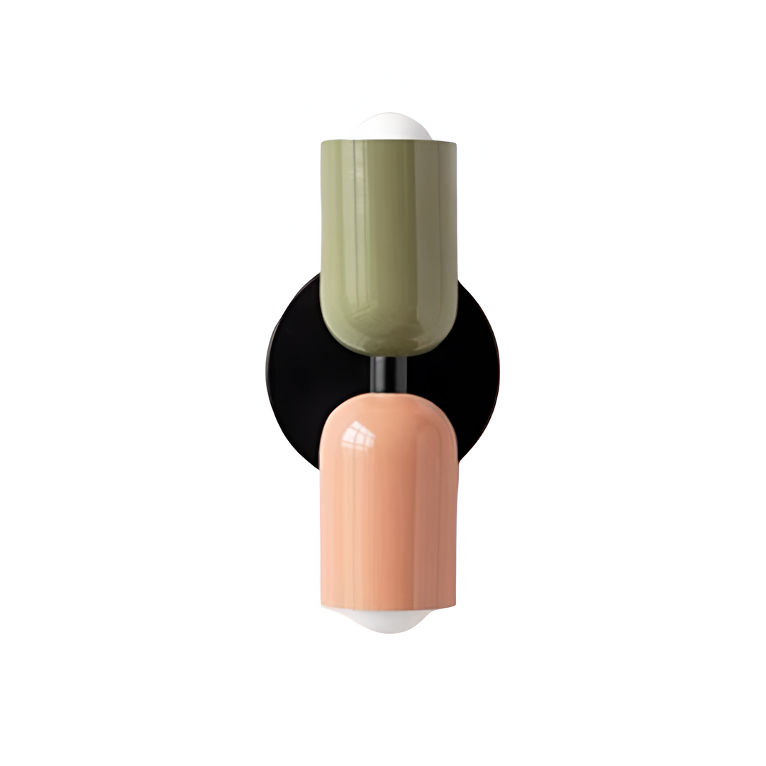 Nordic colourful double head wall light in vibrant colors, painted iron, sleek cylindrical design, casts light up and down.