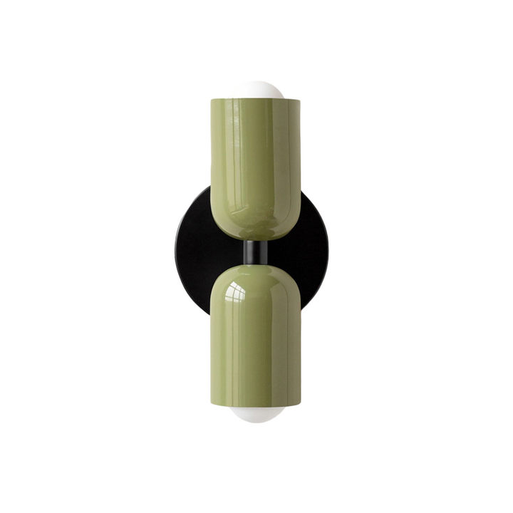 Nordic colourful double head wall light in vibrant colors, painted iron, sleek cylindrical design, casts light up and down.