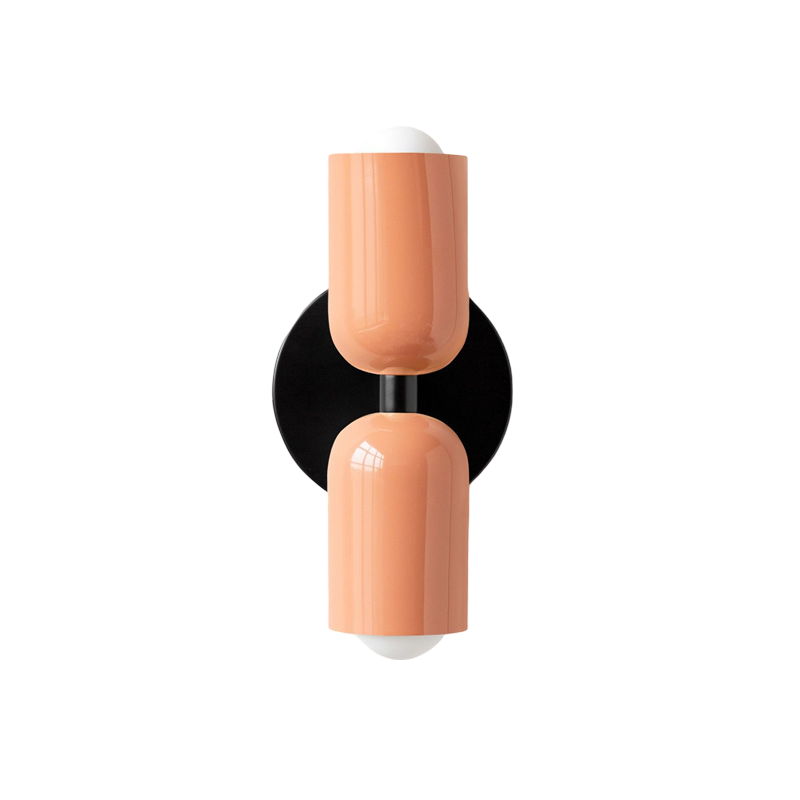 Nordic colourful double head wall light in vibrant colors, painted iron, sleek cylindrical design, casts light up and down.